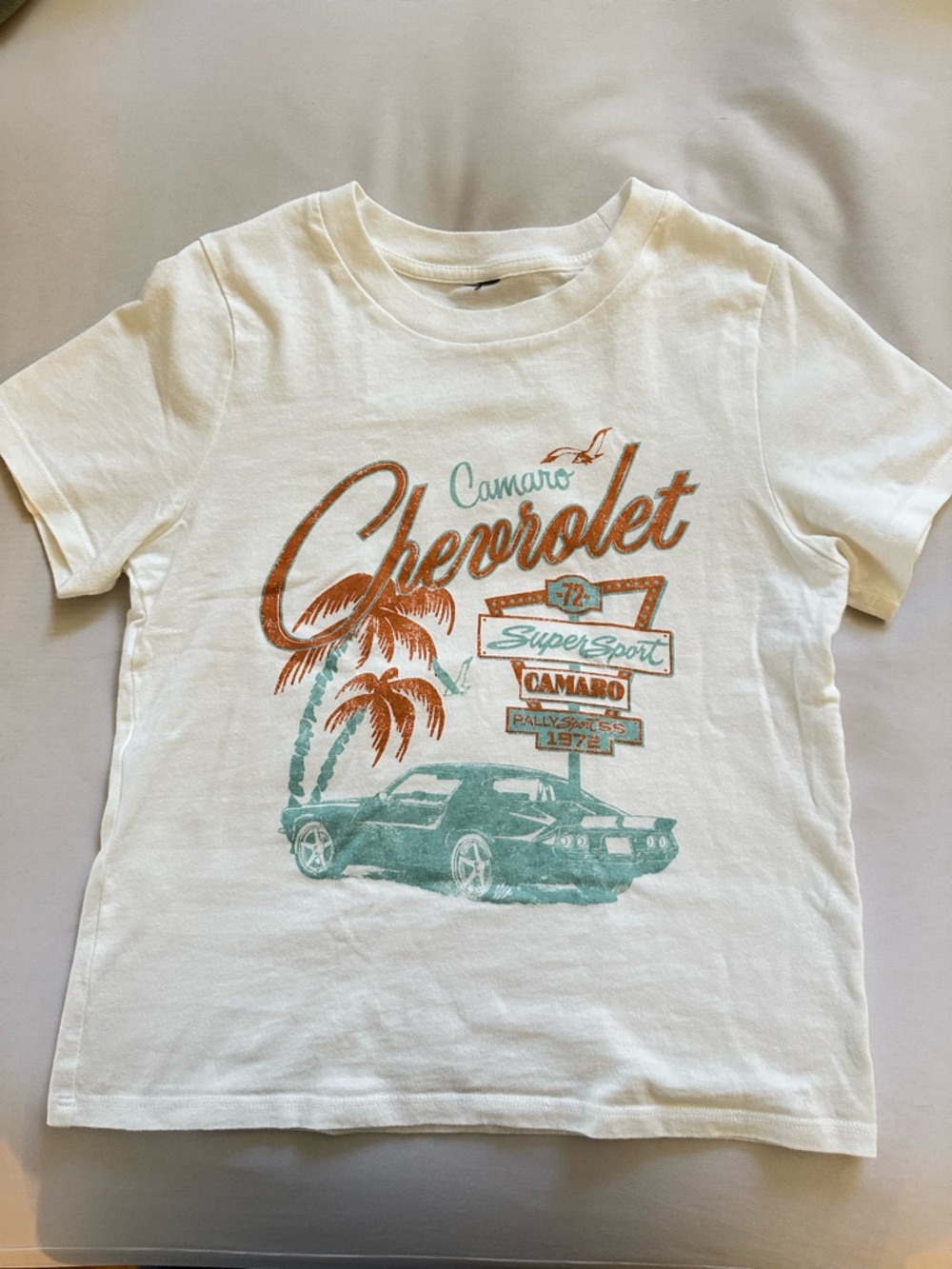Chevrolet Camaro Baby Tee - White with Teal & Orange Print